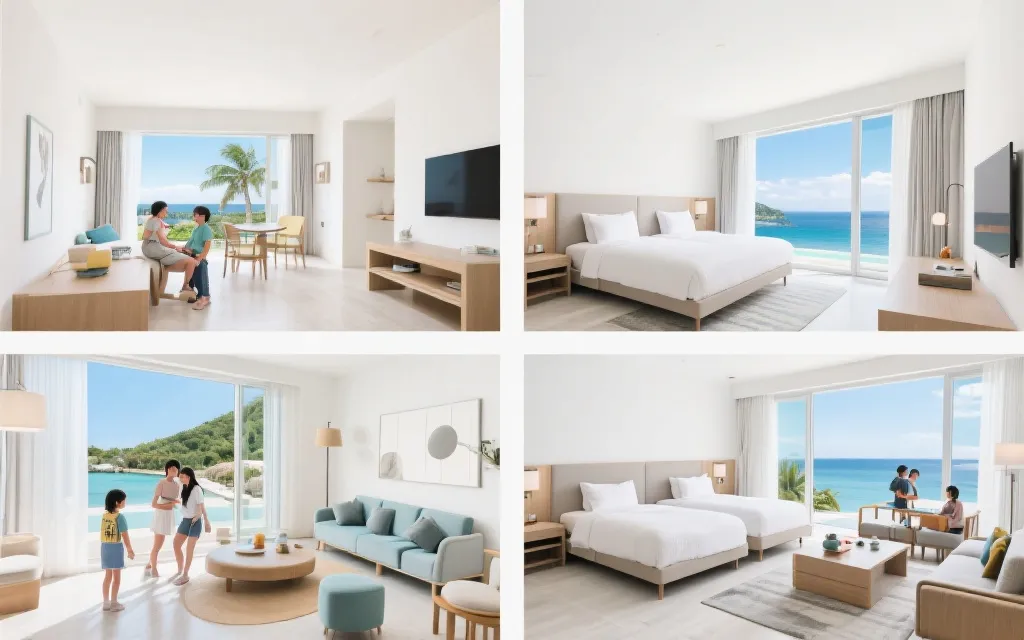 度假酒店房间分区示意：家庭房、景观房与多床房的对比，温暖灯光与网页风格布局